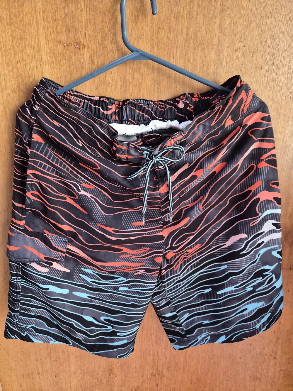 George Black Swim Board Shorts with Red & Light Blue Wave Print